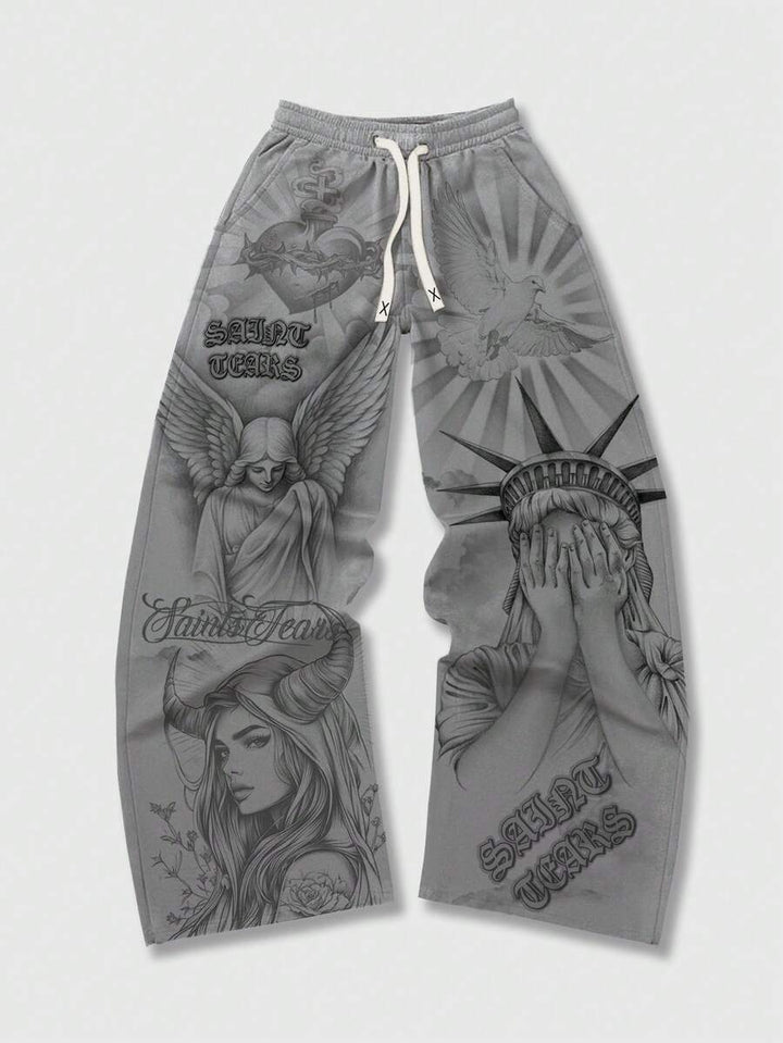 Retro Letter Print Mens Loose Casual Pants