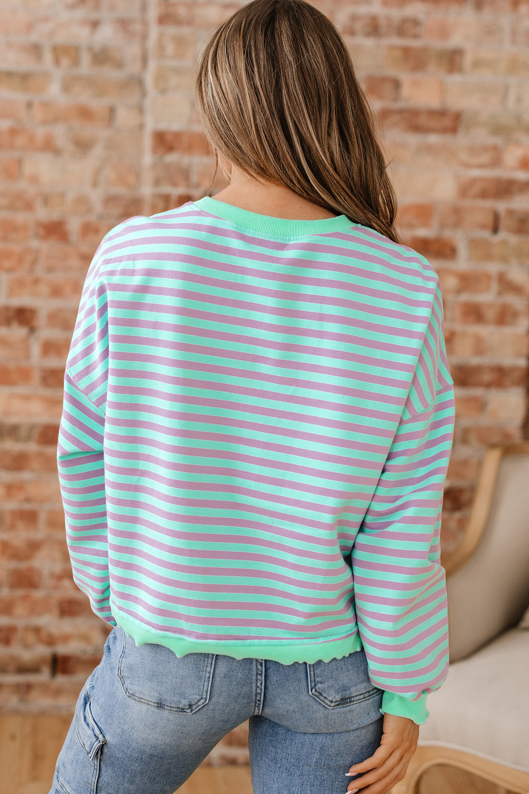 Green Stripe Exposed Seam Contrast Ribbed Trim Oversize Sweatshirt