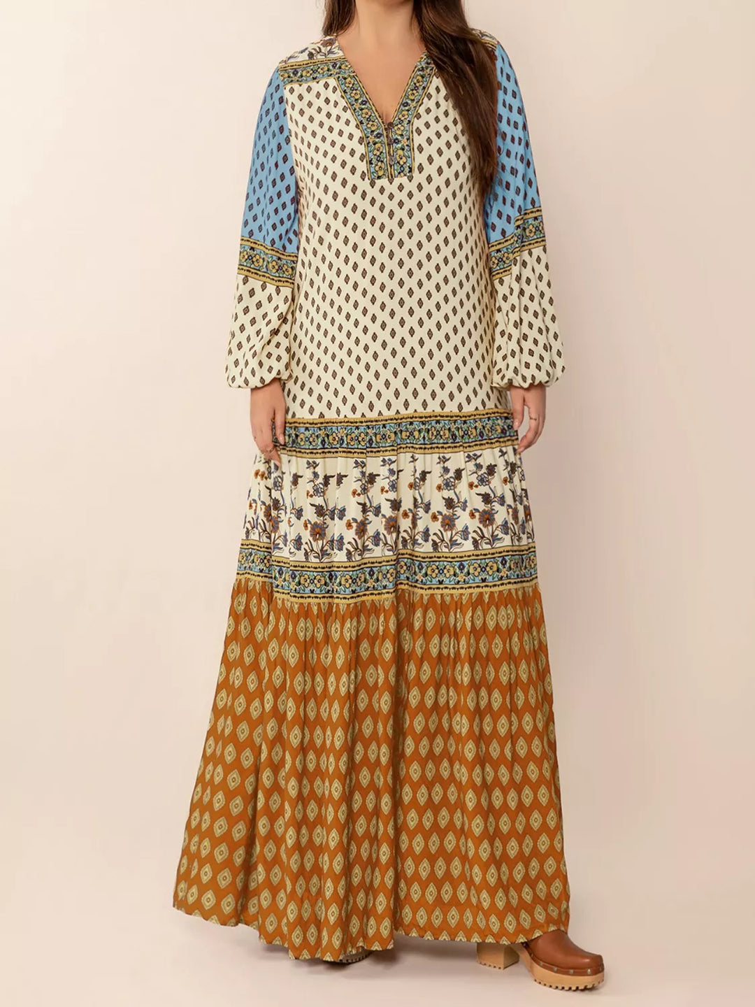 Bohemian Mixed Print Long Sleeve Maxi Dress