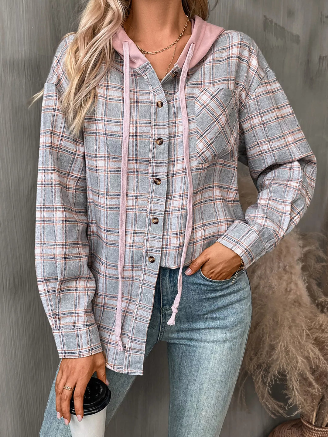 Plaid Button-Up Hooded Shirt with Chest Pocket