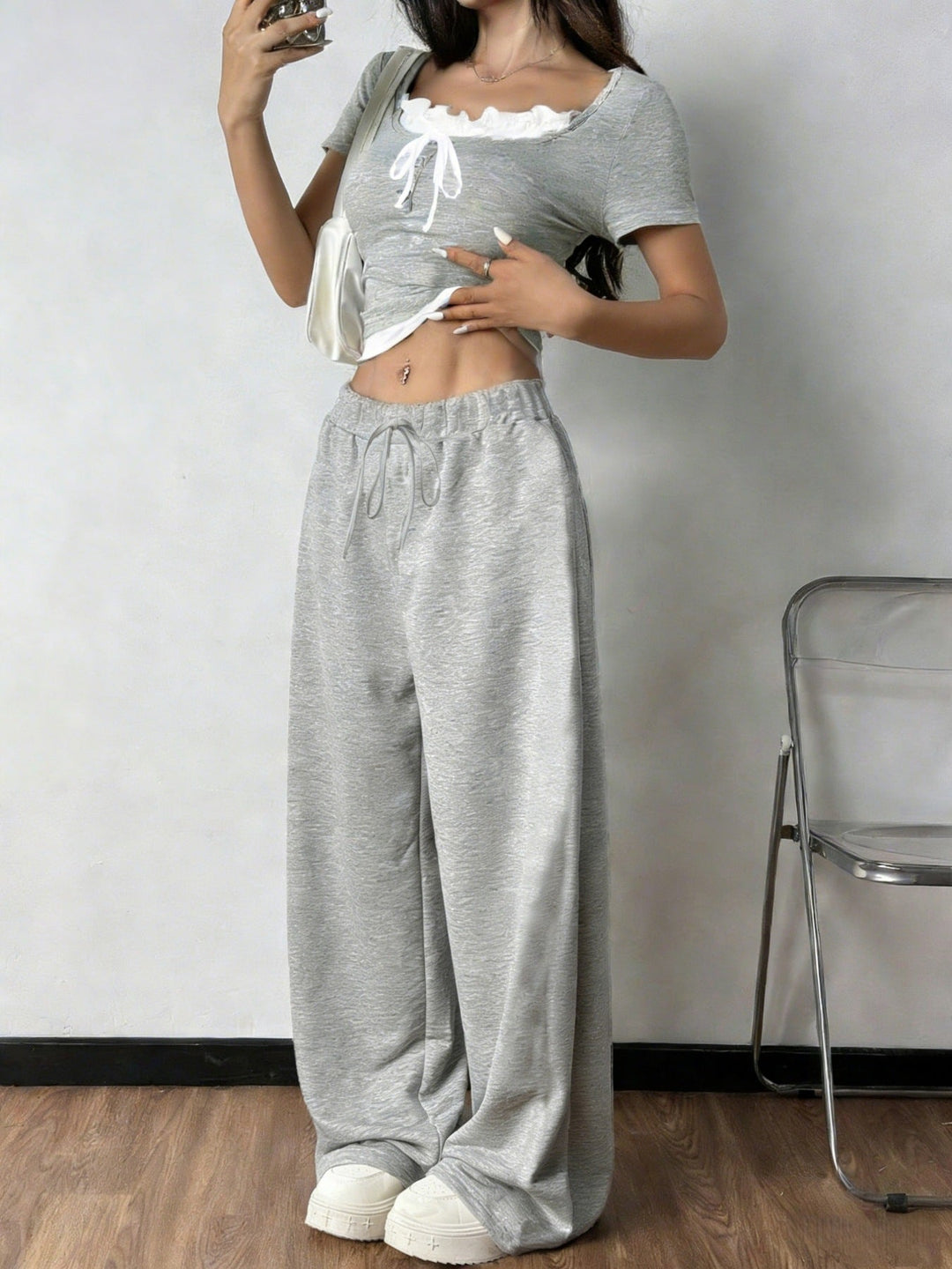 Tie Front Short Sleeve Top and Pants Set