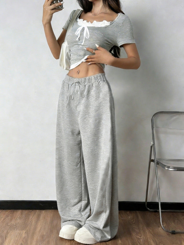 Tie Front Short Sleeve Top and Pants Set