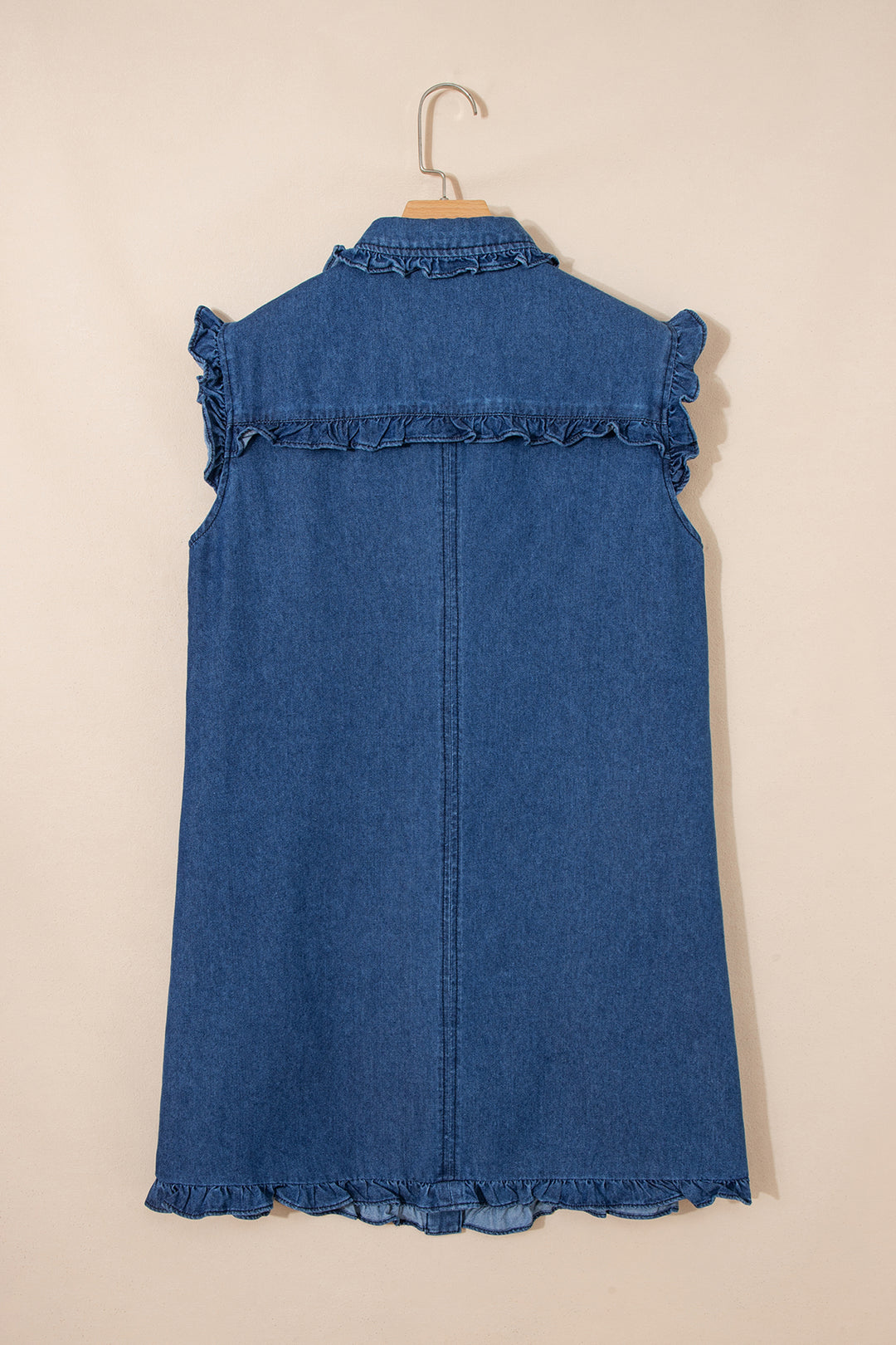 Sail Blue Ruffled Edge Collared Shift Denim Dress with Pockets