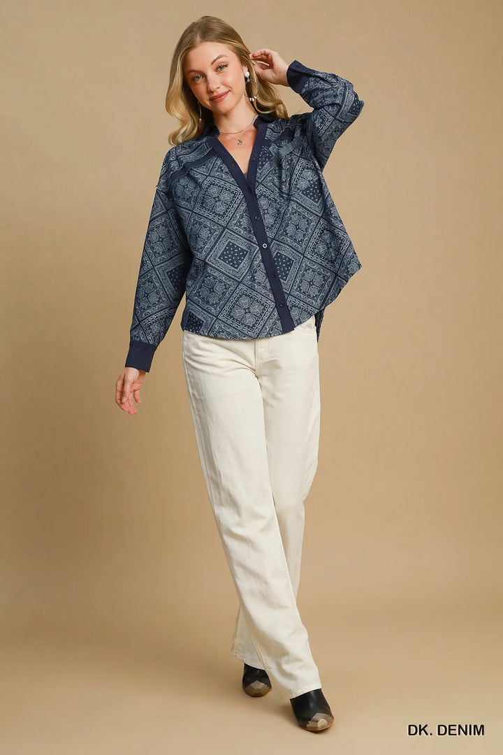 Umgee Paisley Print Denim Shirt Jacket