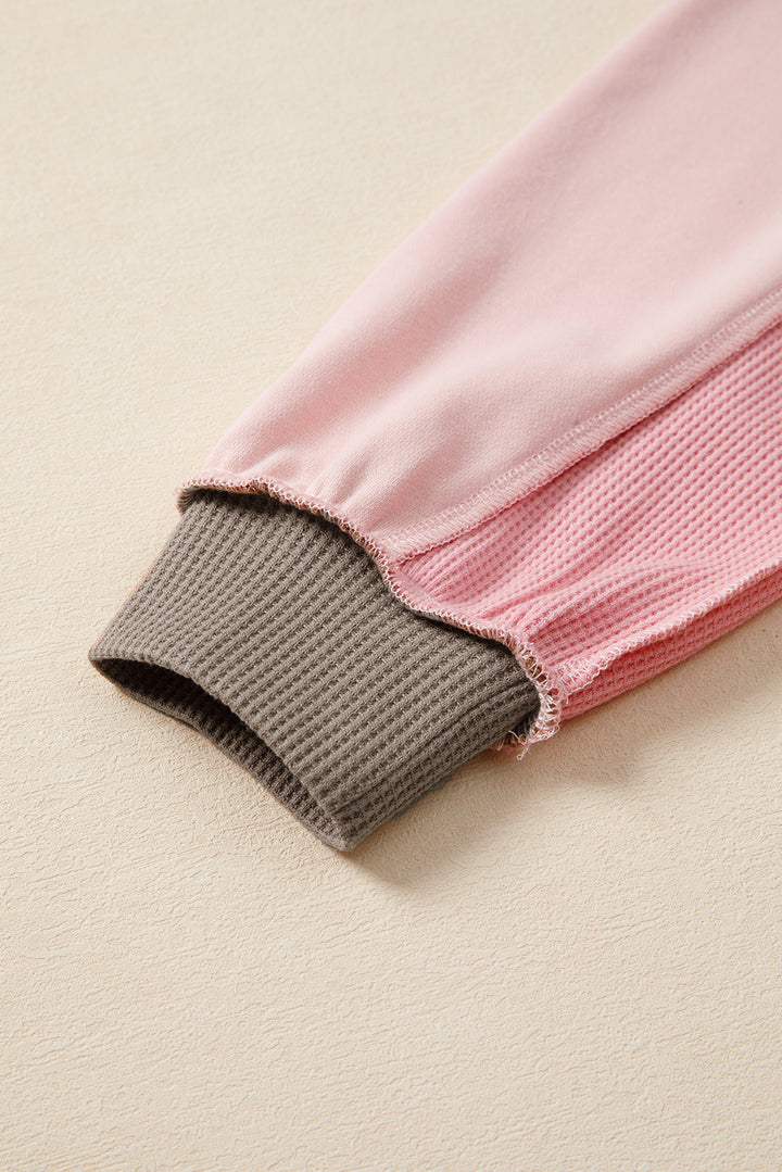 Light Pink Color Block Mix Texture Waffle Patchwork Oversize Sweatshirt