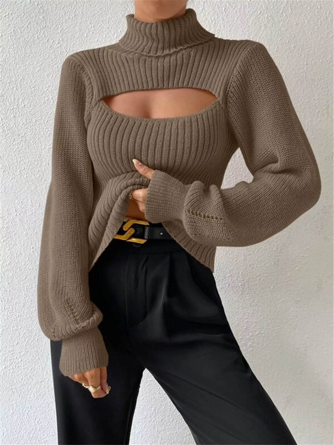 Cutout Front Turtleneck Long Sleeve Sweater