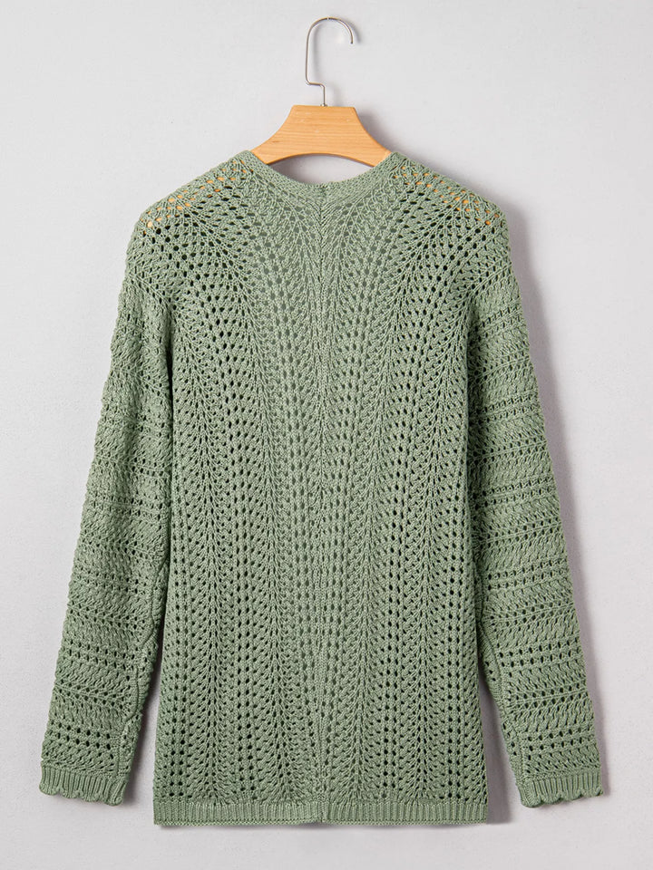 Scalloped Edge Eyelet Knit Batwing Sleeve Cardigan