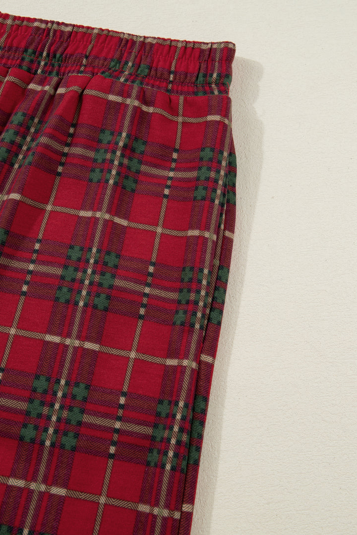 Red Plus Size Plaid Short Sleeve Shirt Loose Pants 2pcs Pajama Set