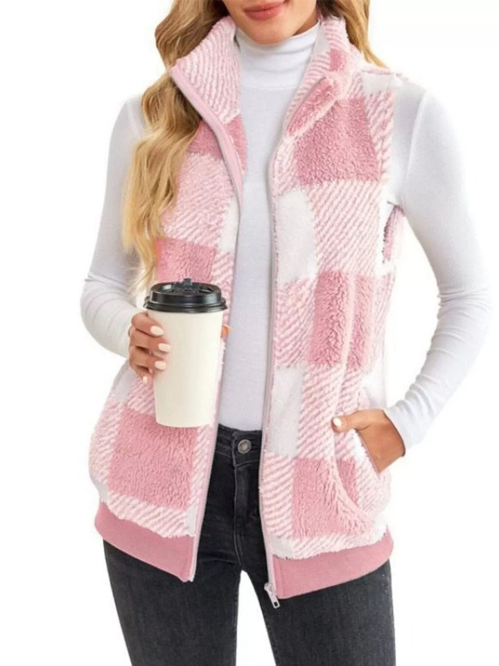 Full Size Color Block Zip Up Vest Coat Plus Size