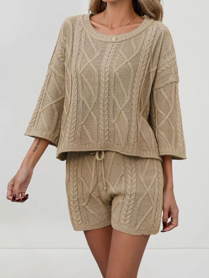 Cable Knit Round Neck Top and Shorts Sweater Set