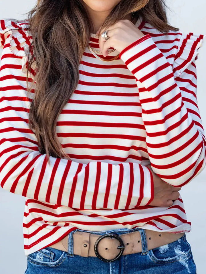 Stripe Round Neck Ruffle Trim Long Sleeve Top