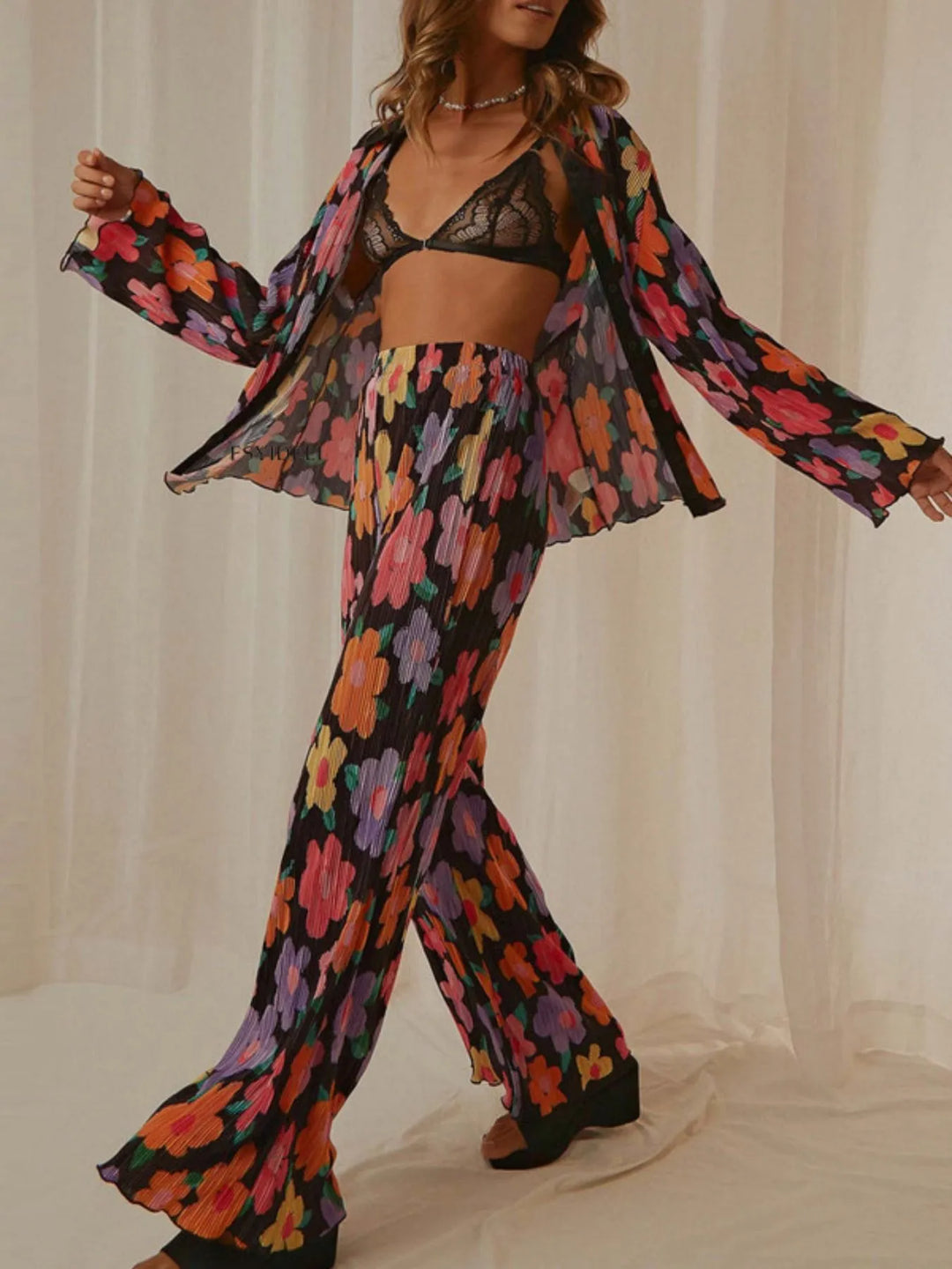 Printed Button Up Shirt and Pants Set