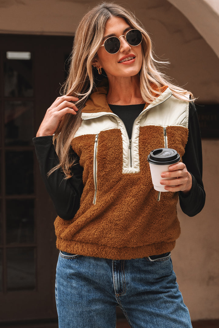 Chestnut Color Block Plush Patchwork Zipper Stand Neck Vest