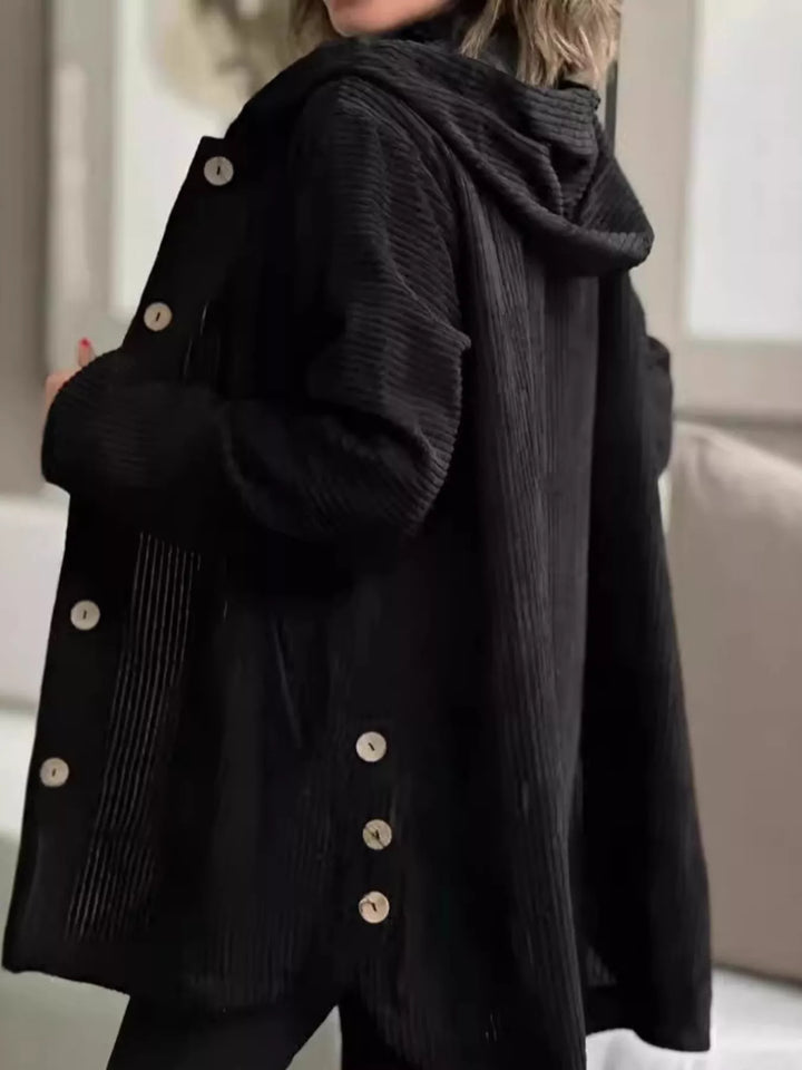 Full Size Corduroy Button Up Hooded Jacket Plus Size