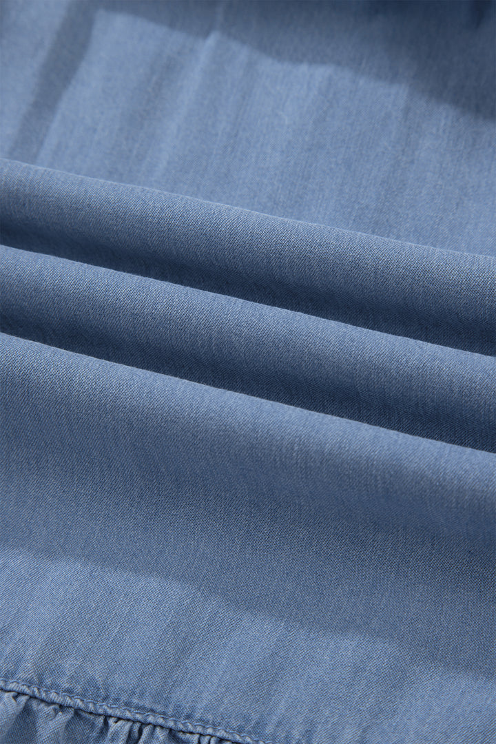 Beau Blue Elastic Waist Ruffled Tiered Flared Denim Maxi Skirt