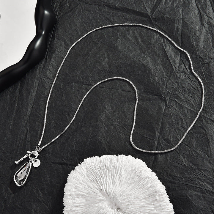 OT Toggle Multi Charm Smoky Teardrop Zircon Snake Sweater Chain, Minimal Cool Long Necklace For European Spanish Women