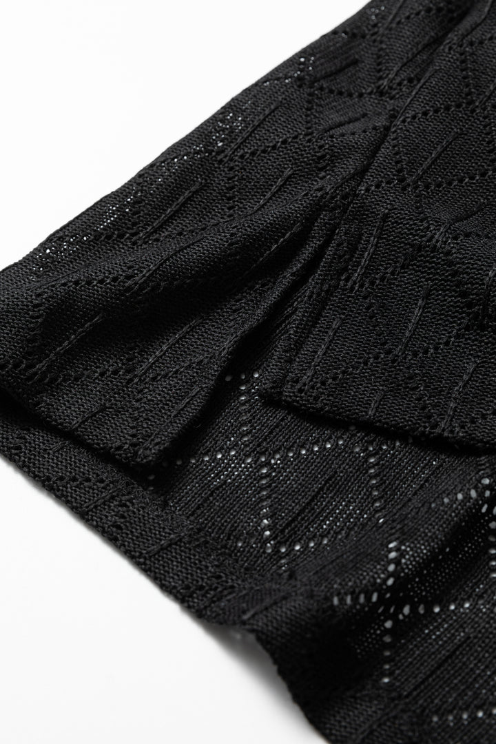 Black Pointelle Rhombus Knit Plus Size V Neck Loose Top