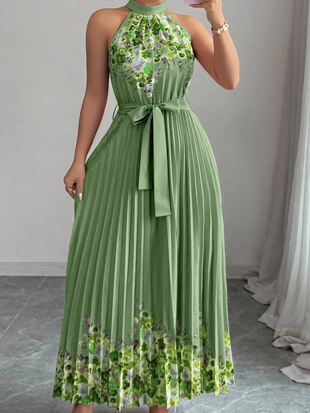 Halter Neck Floral Print Pleated Maxi Dress