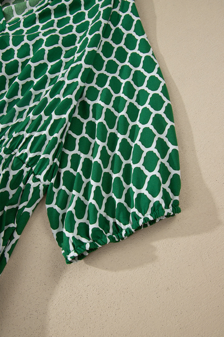 Green Plus Size Geometric Print Pocketed Ruffle Hem Casual Dress