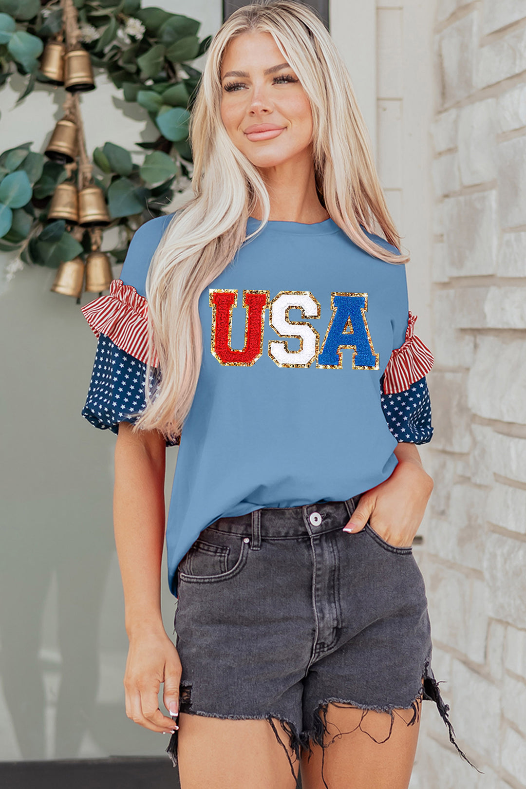 Beau Blue USA Chenille Lettering Stars and Stripes Patchwork Sleeve Top