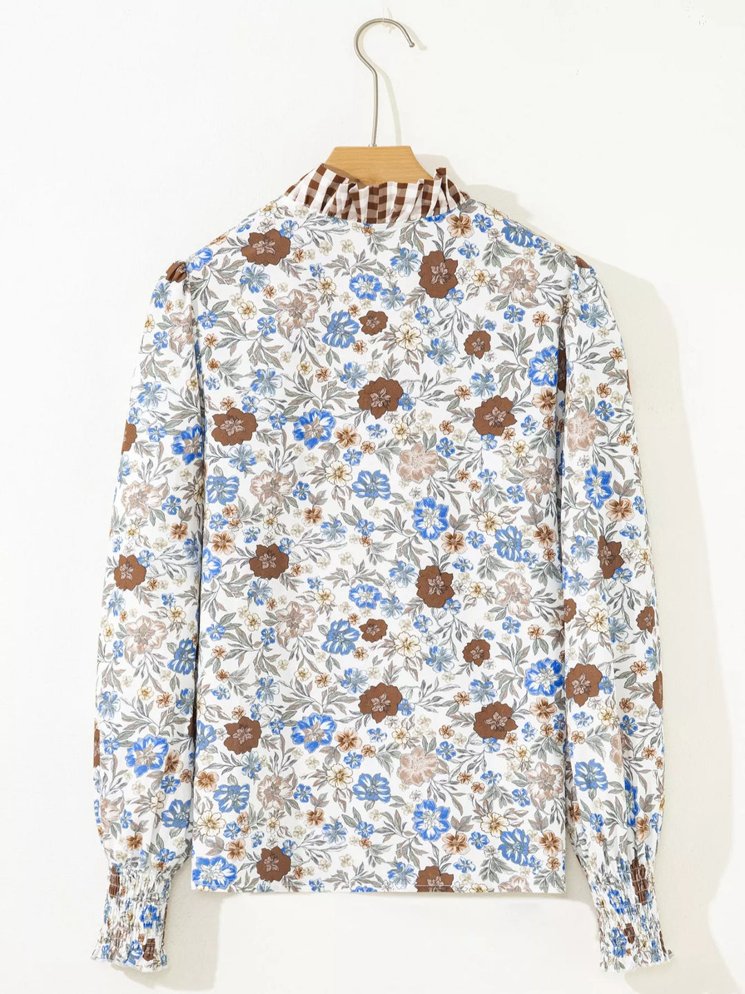 Plaid Frilled Trim V Neck Floral Long Sleeve Blouse