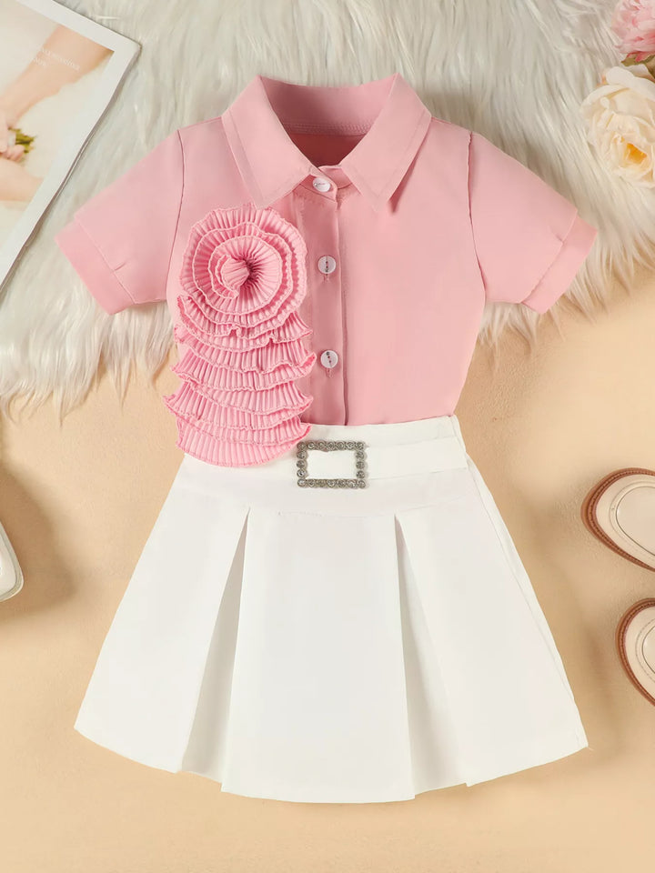 Children's Flower Decor Shirt & Pleated Skirt Set