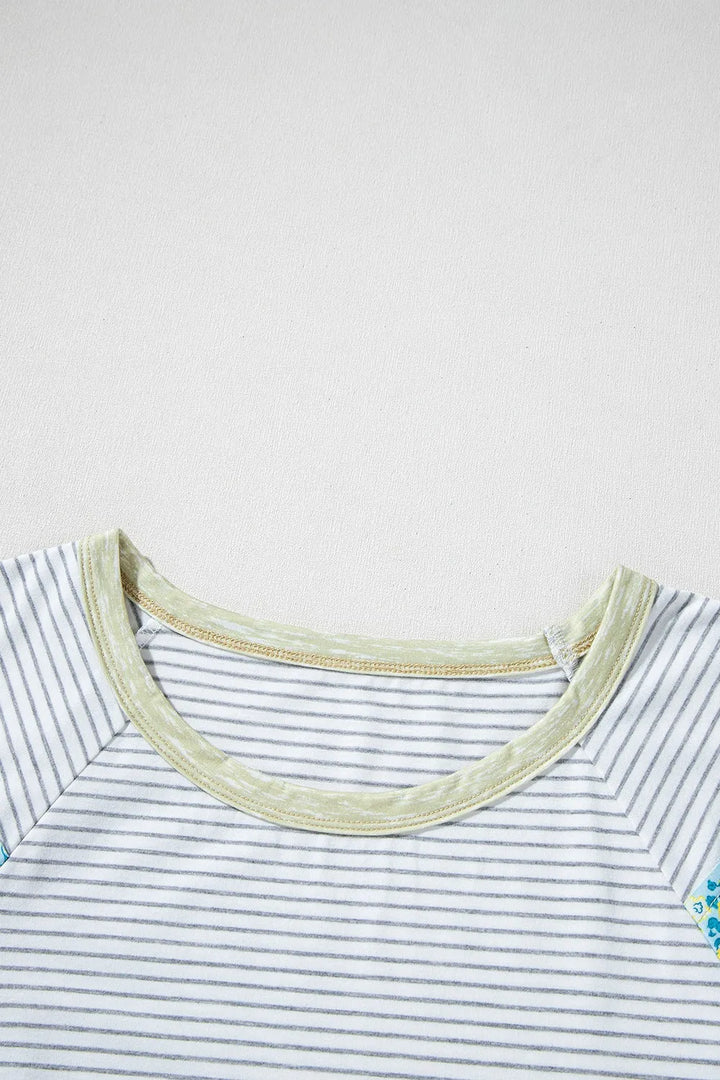 Stripe Floral Insert Sleeves Contrast Round Neck Tee