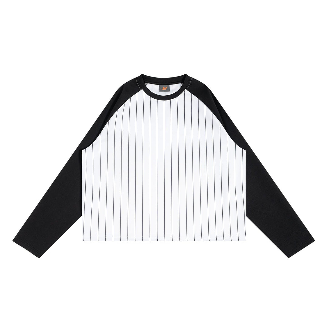 Mens Short Raglan-Style Baseball Long-Sleeve Striped Casual T-Shirt