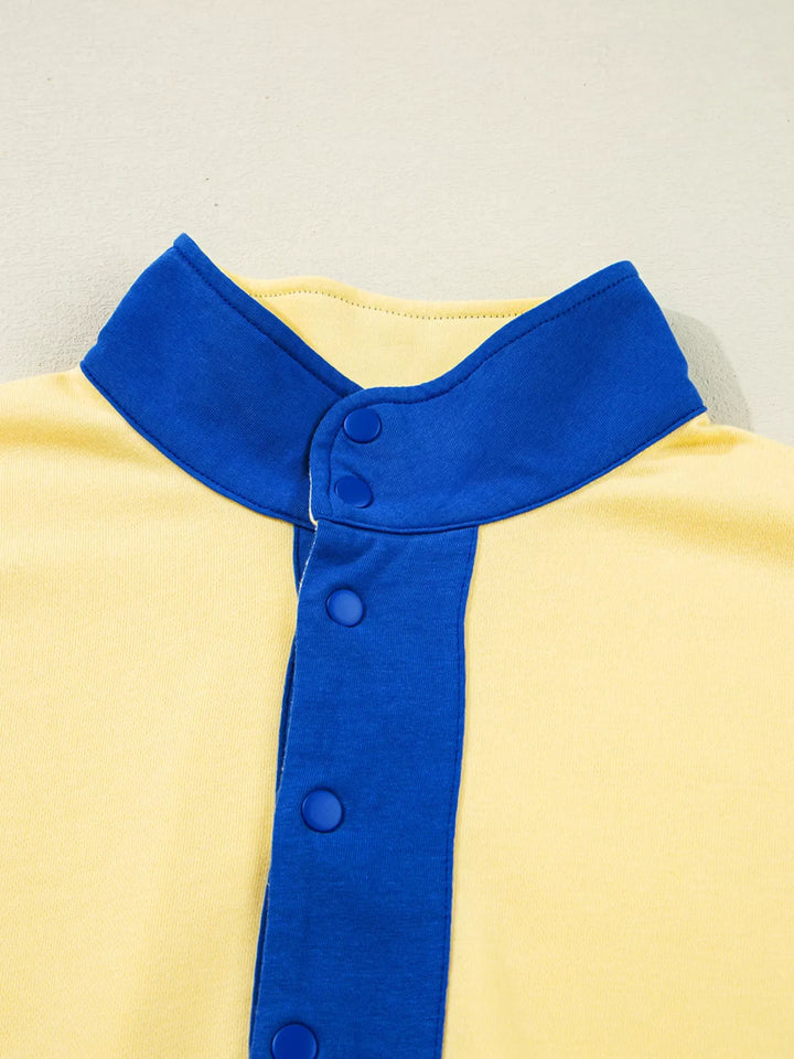 Color Block Patchwork Half Button Top and Shorts 2pcs Set