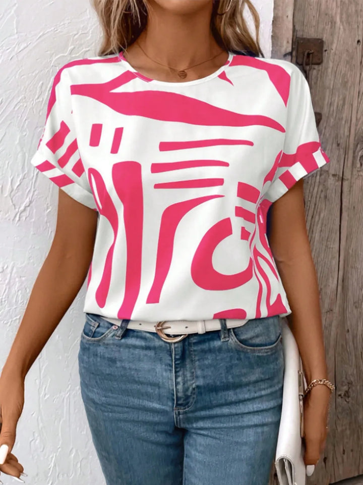 Contrast Round Neck Short Sleeve Blouse