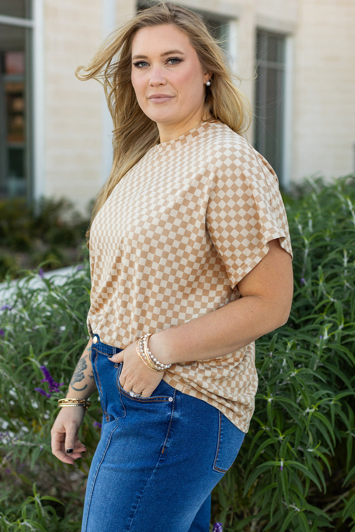 T-shirt kaki à manches courtes et col rond, motif damier, grande taille