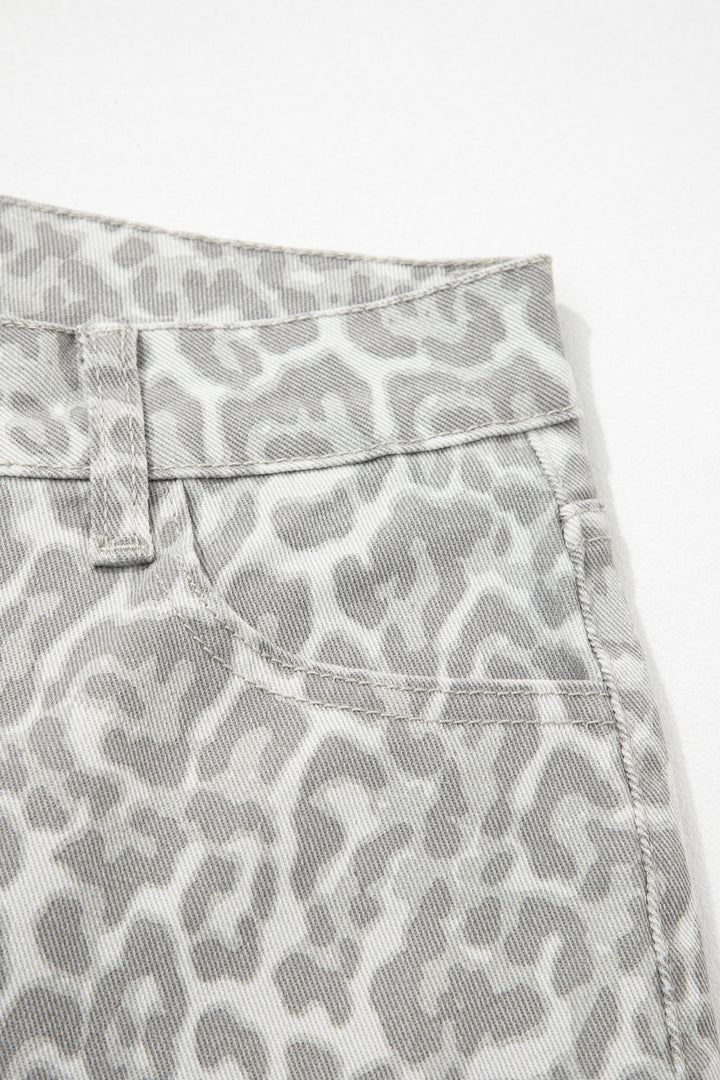 Gray Leopard Frayed Edge Wide Leg High Waist Jeans