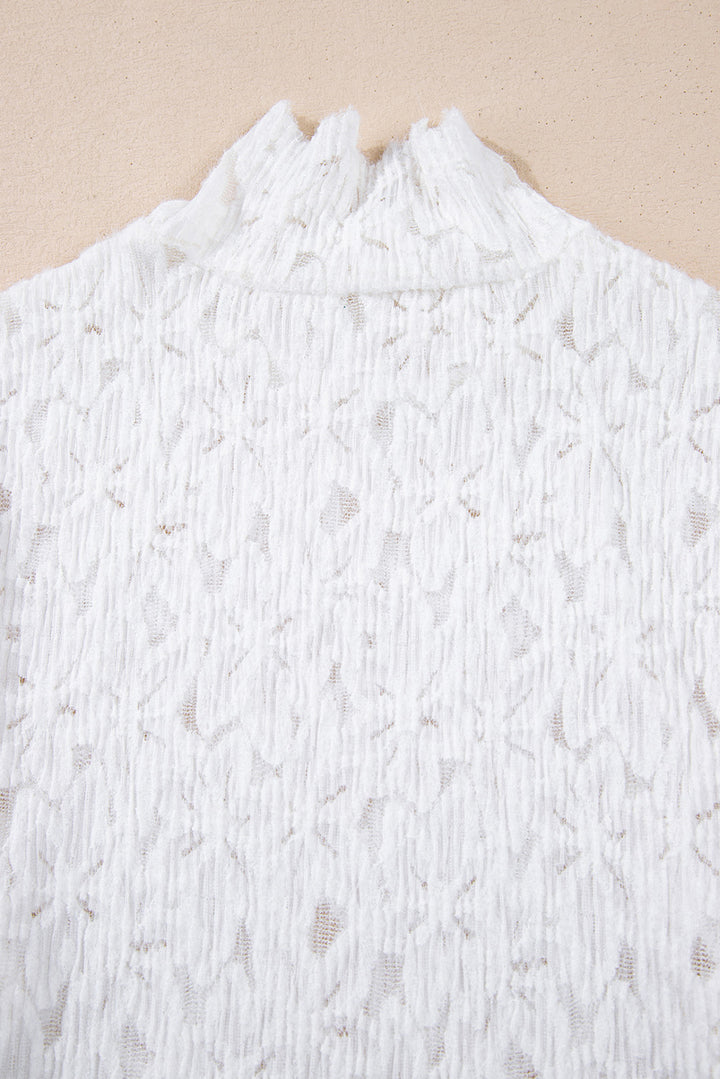 White Flower Lace See Through Mock Neck Long Sleeve Top
