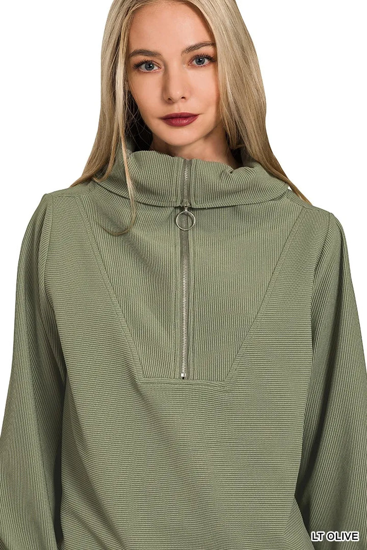 Zenana Ribbed High Neck Half Zip Pullover & Pants Set