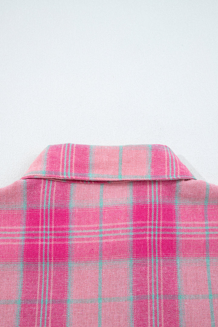 Sachet Pink Plaid Print Rounded Hem Long Sleeve Shirt with Pockets