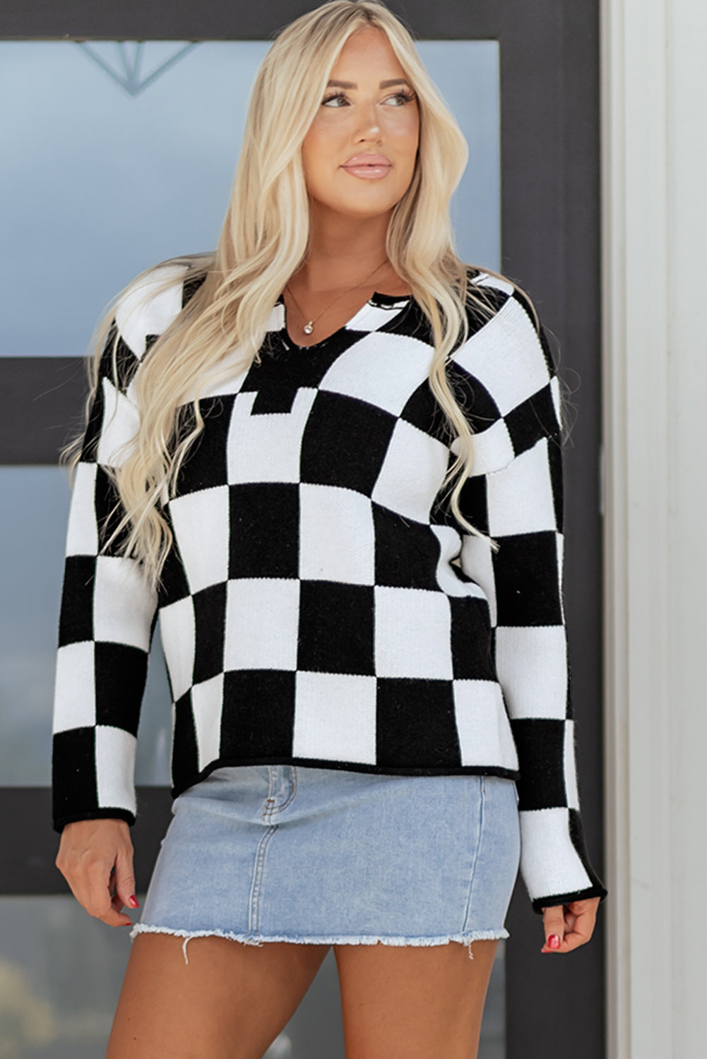 Black Checked Notched Neckline Drop Shoulder Knit Sweater