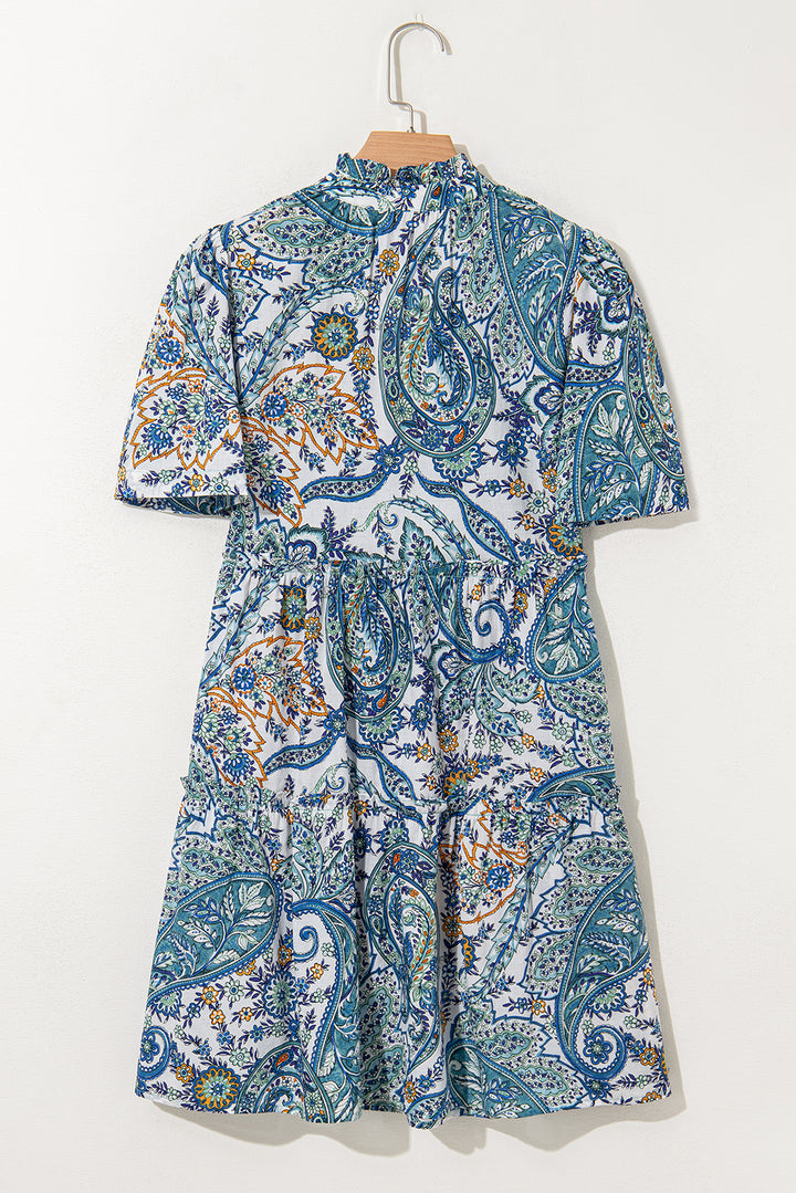 Blue Bohemian Paisley Floral V Neck Short Sleeve Mini Dress