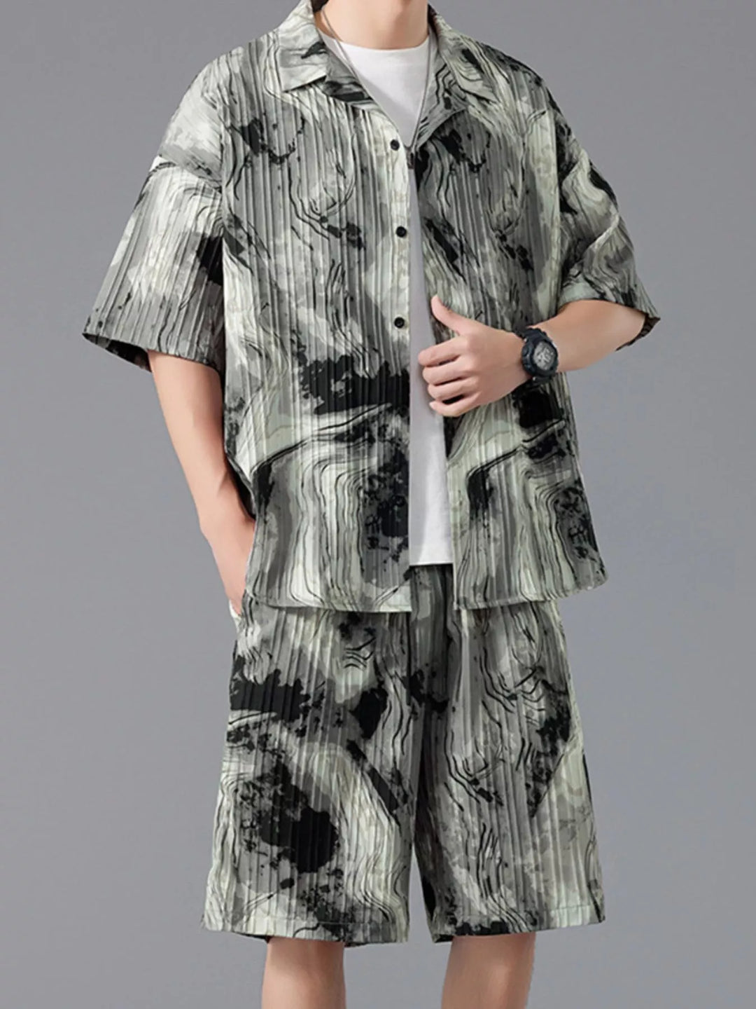 Men's Full Size Tie-Dye Casual Shirt and Shorts Set Plus Size