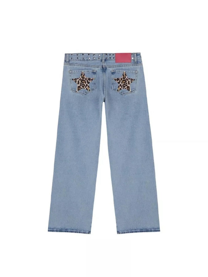 Leopard Star Patches Wide Leg Jeans