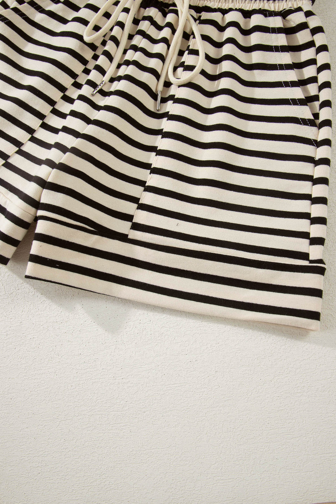 Black Stripe Ribbed Color Block Trim Zip Polo Tee Drawstring Shorts 2pcs Outfit