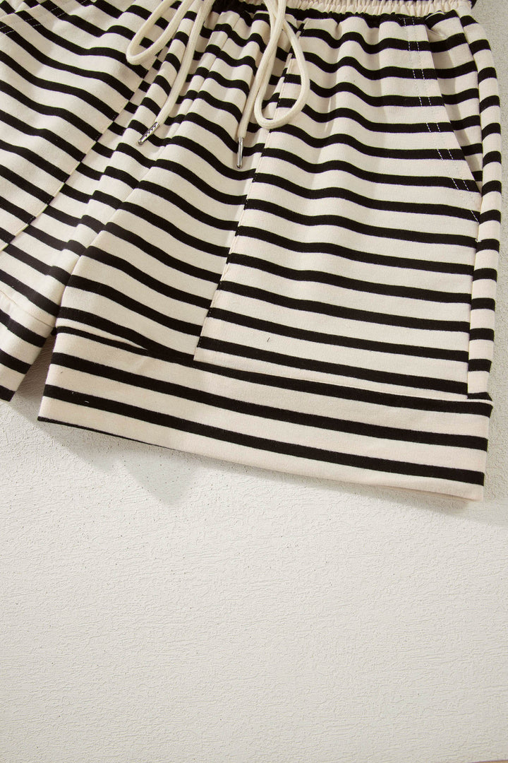 Black Stripe Ribbed Color Block Trim Zip Polo Tee Drawstring Shorts 2pcs Outfit
