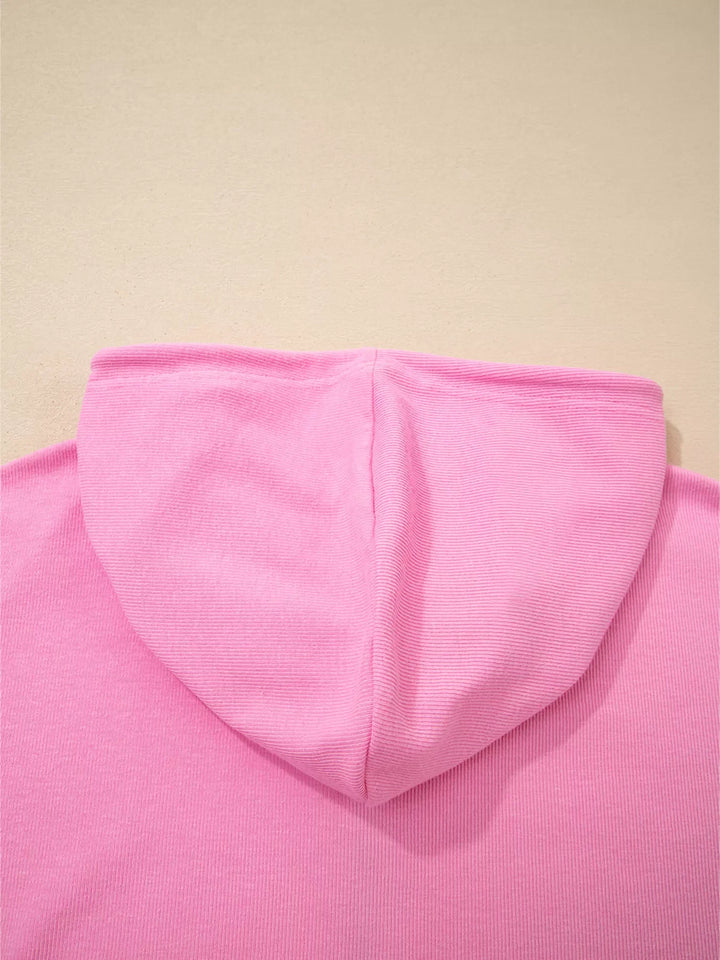Solid Color Ribbed Zip Up Drawstring Hooded Jacket