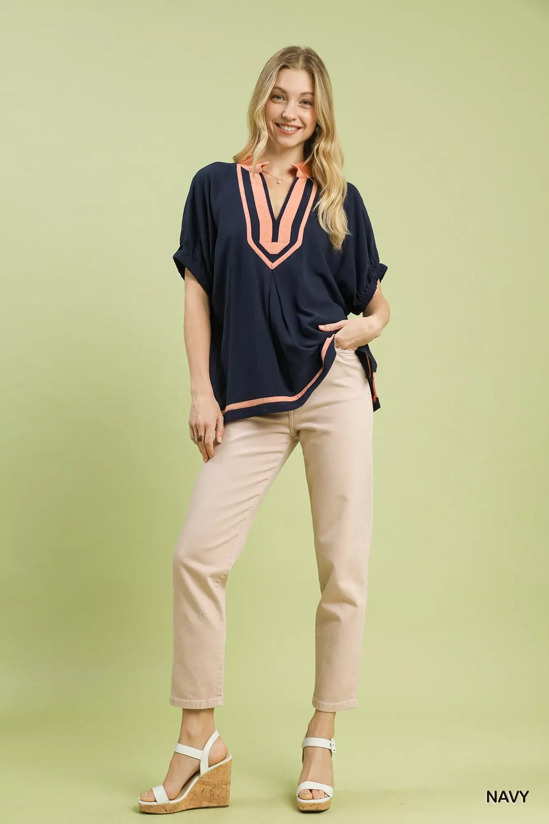 Umgee Linen Contrast Trim V-Neck Blouse