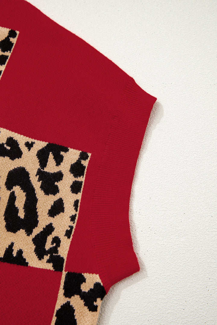 Red Plus Size Leopard Contrasted Checkered Short Sleeve Sweater