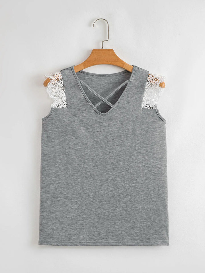 Lace Trim Cross-Front V-Neck Tank Top