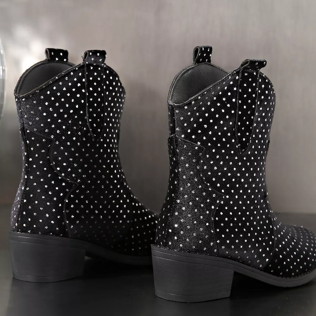 Sparkling Point Toe Block Heels Boots
