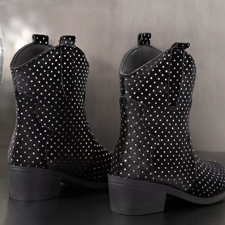 Sparkling Point Toe Block Heels Boots