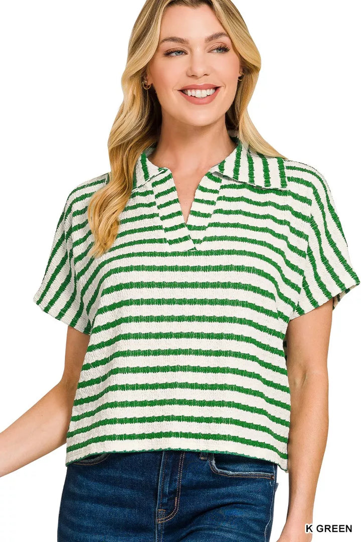 Zenana Striped Split Neck Collared Top
