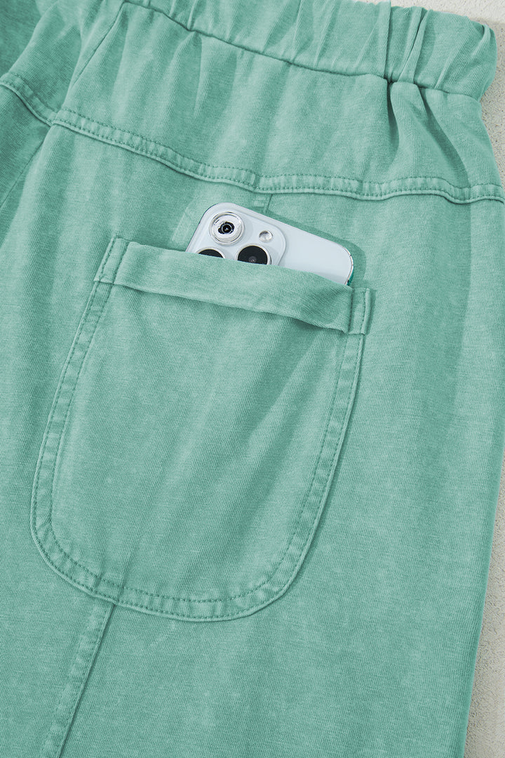 Mint Green Mineral Wash Exposed Seam Drawstring Elastic Waistband Wide Leg Cargo Pants