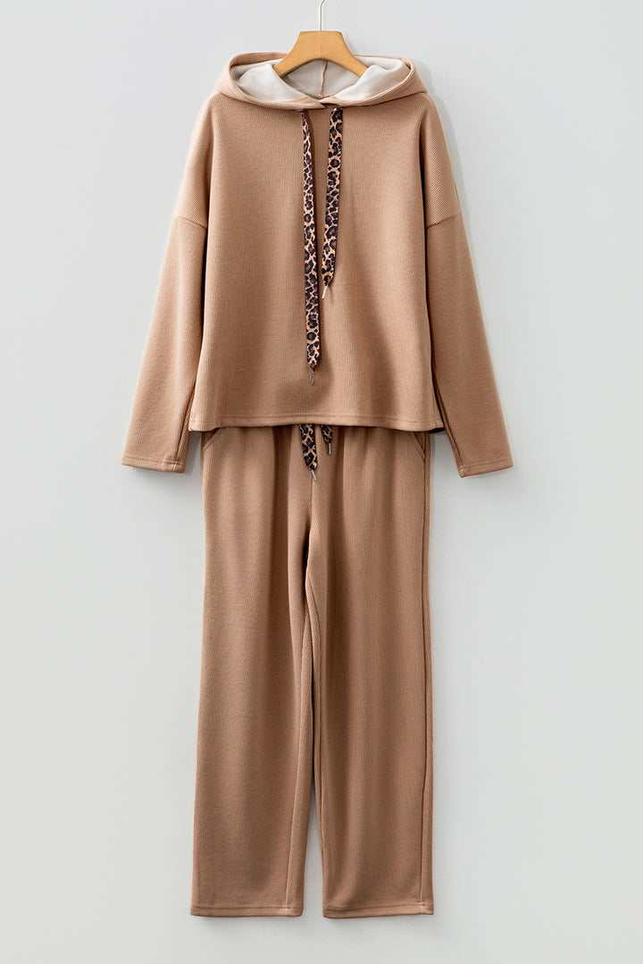 Dark Khaki Leopard Drawstring Pullover Hoodie and High Waist Pants Corduroy Suit